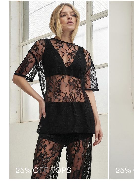 Model posing in a black lace top with text overlay: "25% OFF TOPS"