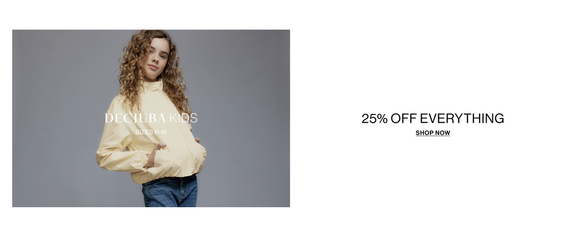 A young girl posing in a yellow jacket with text overlay: "25% OFF EVERYTHING"