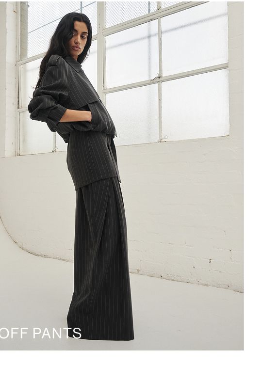 Model posing in a pinstripe set with text overlay: "25% OFF PANTS"
