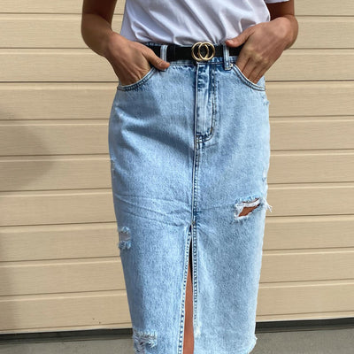 [TEST] Elise Ripped Denim Midi Skirt