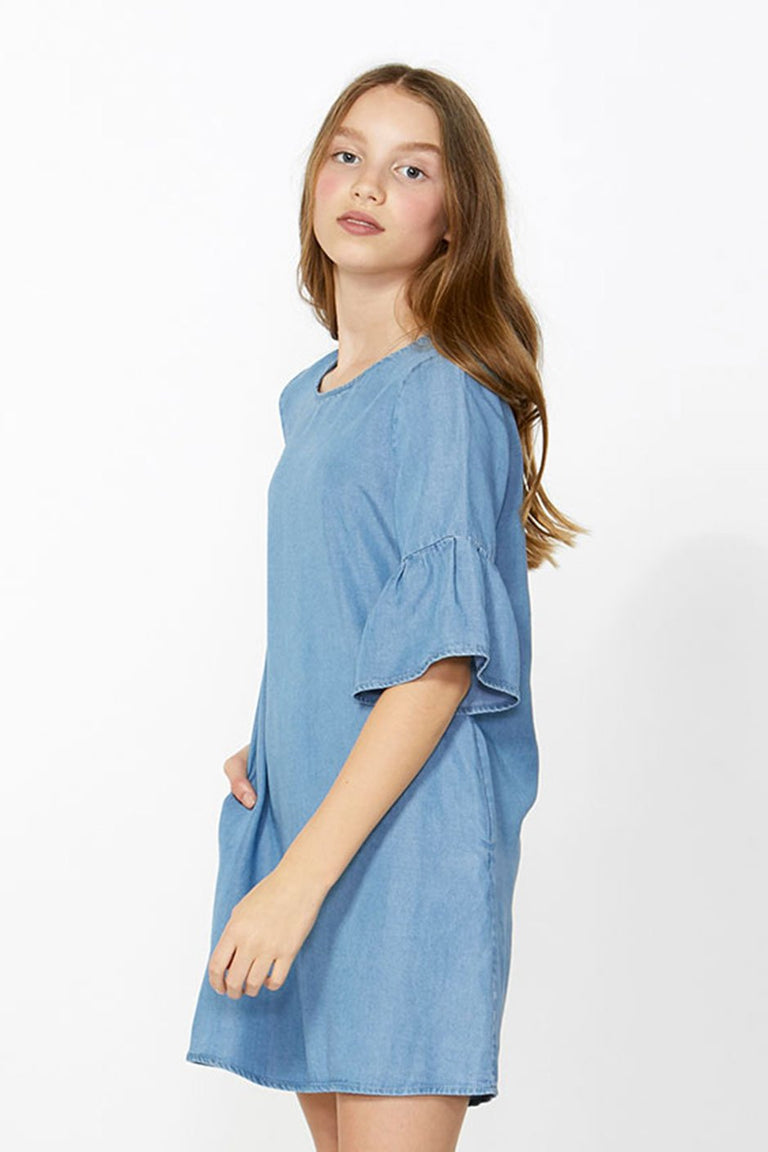 [TEST] Kids Fluted Slv Chambray Dress